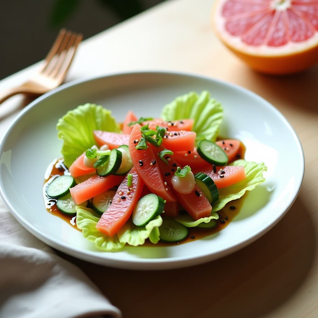 Ensalada japonesa de watakushi y pomelo rosa servida en un bol de cerámica blanca, con tiras de alga watakushi, trozos de pomelo rosa, rodajas de pepino y semillas de sésamo tostado. Aliño brillante y hielos de wasabi al lado. Plato fresco y colorido, ideal para picnic.