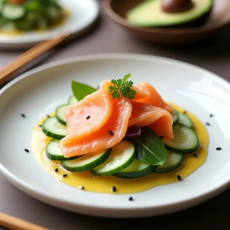 Ensalada japonesa gourmet con láminas de salmón fresco rosa sobre rodajas de pepino Watakushi, aguacate en cubos, hojas moradas de shiso y semillas de sésamo negro, bañada con vinagreta de yuzu brillante. Plato servido en porcelana blanca con palillos de madera.