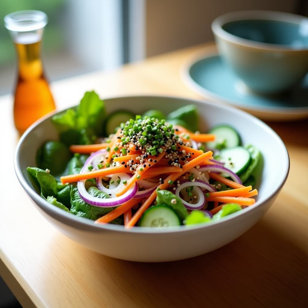 Ensalada japonesa de watakushi con hojas verdes picantes, juliana de zanahoria morada, rodajas de pepino y daikon, coronada con semillas de sésamo negro y blanco. Servida en un bol de cerámica blanca con vinagreta de sésamo y lima al lado.