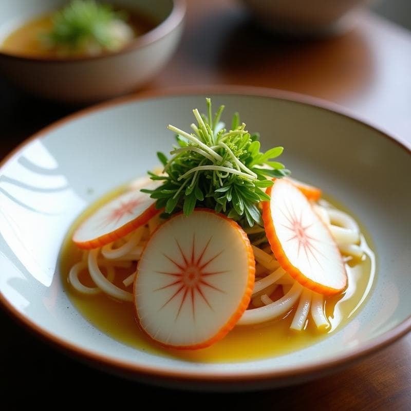 Ensalada japonesa fresca de repollo chino, rábanos daikon y zanahoria en juliana, bañada con vinagreta de yuzu (limón y naranja) y decorada con semillas de sésamo tostadas y cebollino picado. Plato low-carb, vegano y sin gluten, servido en un bol blanco sobre fondo de madera rústica.