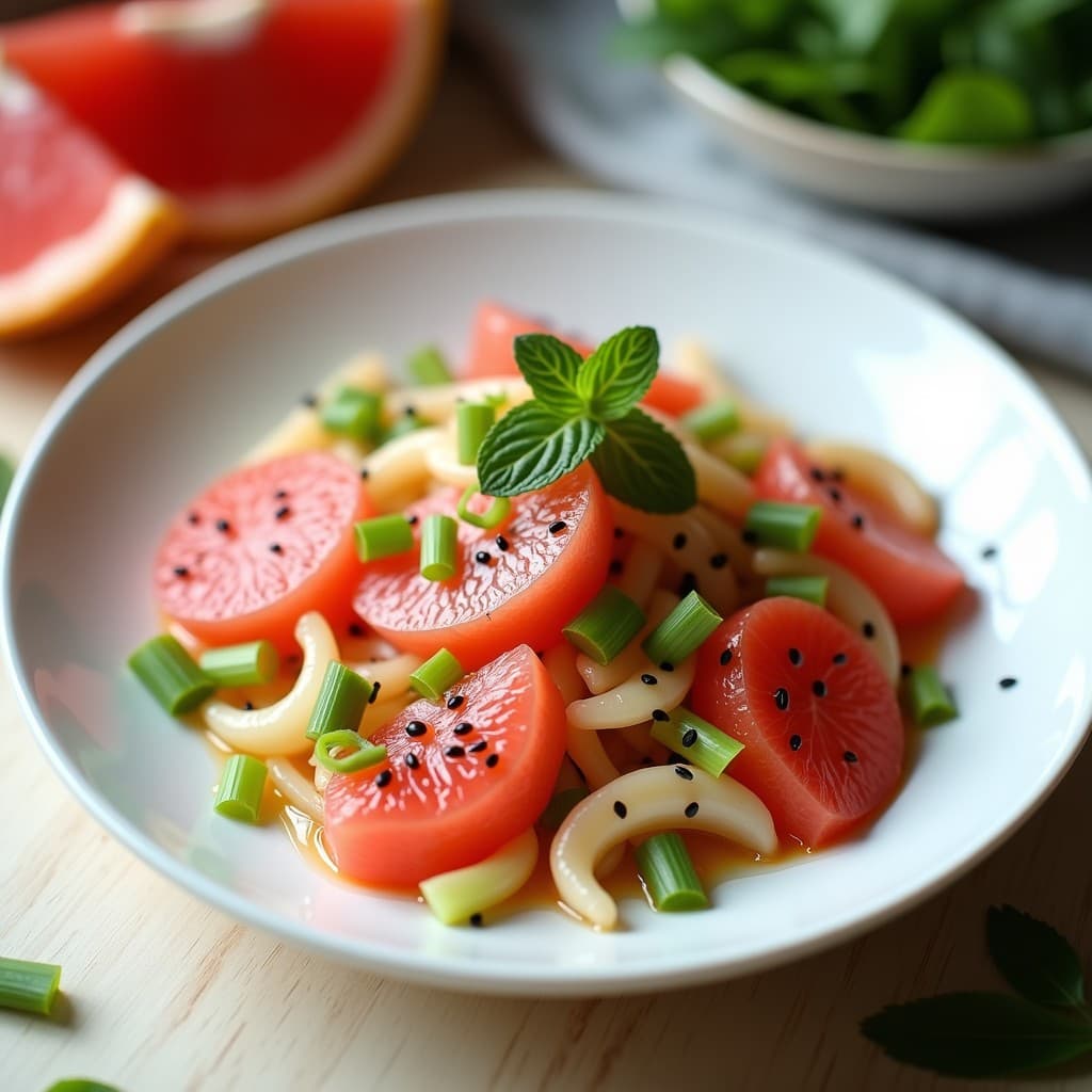 Ensalada china crudivegana en plato blanco con rodajas de Water Chestnut, gajos de pomelo rosa, apio en juliana y sésamo negro, bañada en vinagreta de sésamo y jengibre, decorada con hojas de menta.