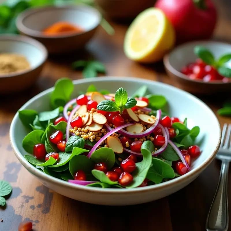Ensalada fresca de watercress con granos de granada rojos brillantes, cebolla morada en juliana y pimiento rojo en tiras, bañada en un aderezo dorado de sumac, decorada con almendras tostadas y servida en un bol blanco rústico sobre una mesa de madera con especias libanesas al fondo.