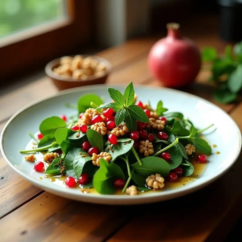Plato blanco rústico con ensalada de watercress fresco, semillas de granada rojas vibrantes y nueces tostadas doradas, bañada en una vinagreta dorada. Decorada con hojas de menta y hebras de azafrán. Receta persa refrescante y crujiente.