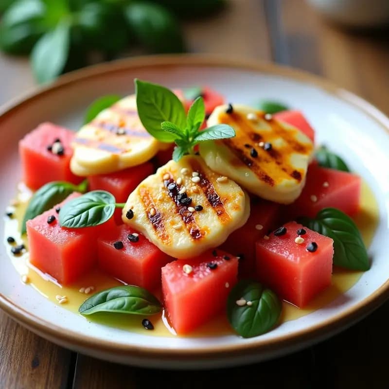 Plato blanco alargado con ensalada de triángulos de sandía watermelon fría, láminas doradas de queso Halloumi a la plancha, hojas de albahaca fresca y vinagreta brillante de miel de tomillo. Semillas de sésamo tostado y hielos de flor de saúco decoran el borde. Receta griega de verano fresca y colorida.