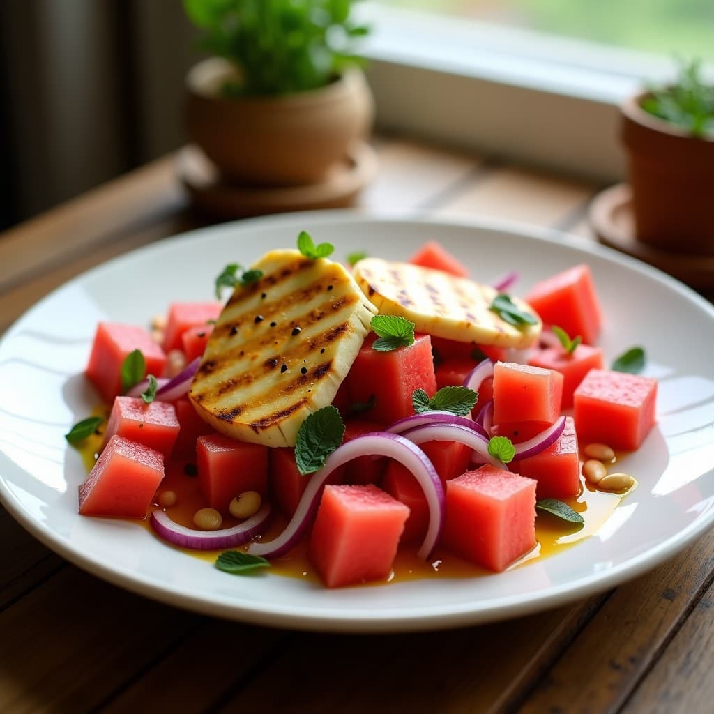 Ensalada fresca de cubos de watermelon rojo intenso, láminas doradas de queso halloumi a la plancha, cebolla morada en juliana, hojas de menta y piñones tostados, servida en fuente blanca con vinagreta brillante. Receta chipriota con toque picante.