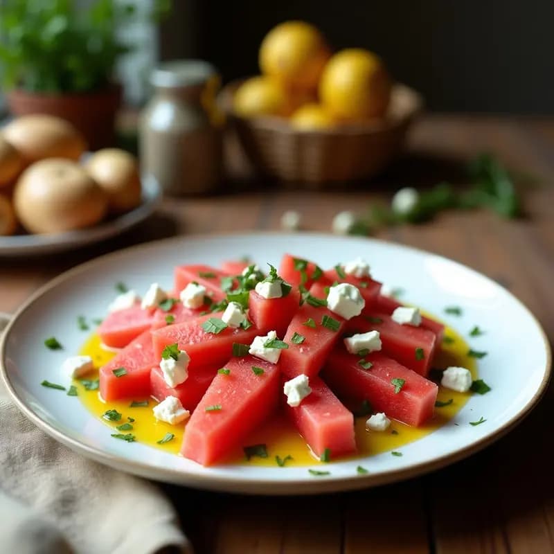 Ensalada fresca de sandía en cubos, queso feta desmenuzado y pistachos tostados, aliñada con aceite de pistacho y decorada con hojas de menta sobre un plato blanco rústico.