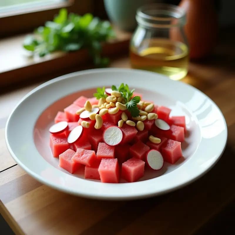 Ensalada de Watermelon Radish y Queso de Anacardo con Crujiente de Coco: Receta Crunchy