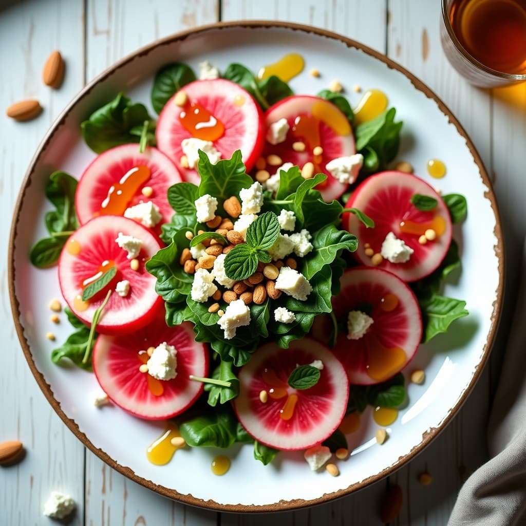 Ensalada vibrante de Watermeloon Radish en rodajas rosadas y blancas sobre base de rúcula, con queso feta desmenuzado, almendras tostadas y hojas de menta. Aliño dorado de miel de trufa brillando bajo la luz, presentada en plato blanco rústico.