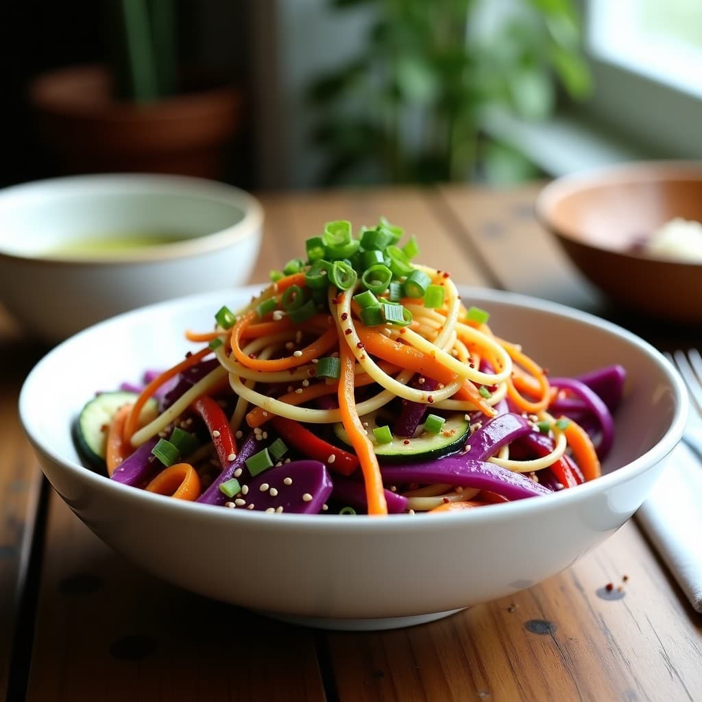 Ensalada wok coreana baja en calorías con repollo morado en juliana, fideos de calabacín espiralizados, zanahoria y pimiento rojo, bañada en aderezo de misozu y decorada con semillas de sésamo y cebollino, servida en un bol de cerámica blanca sobre fondo de madera.