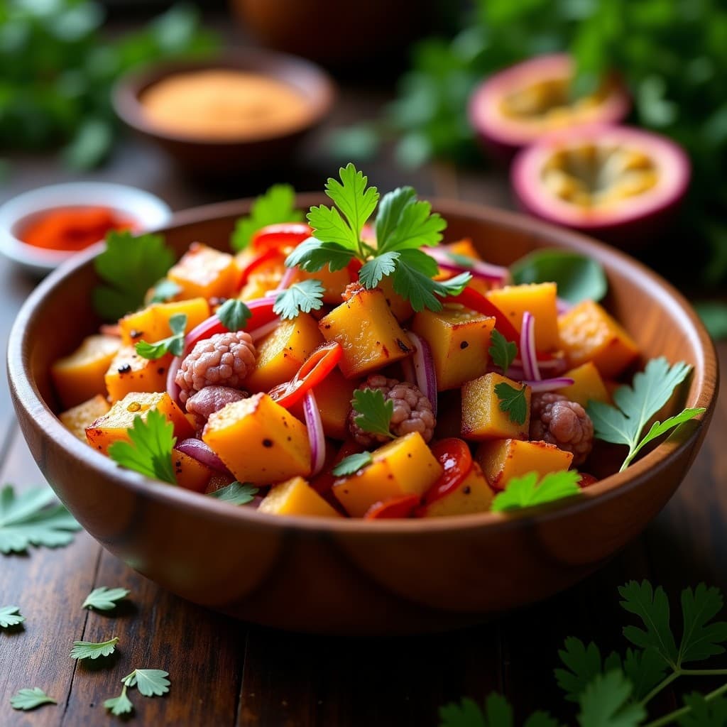 Ensalada fusion española-brasileña con rodajas doradas de yuca asada, trozos de pulpo a la gallega marinado en pimentón, cebolla morada, pimiento rojo, huevo duro, aceitunas y hierbas frescas, servida en fuente rústica de barro.