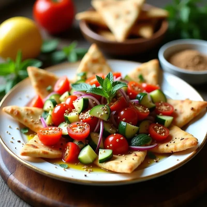 Plato blanco con ensalada-Zaatar de pan pita tostado en triángulos dorados, mezclado con tomates perla, pepino en cubos, cebolla morada y menta fresca, espolvoreado con zaatar y semillas de sésamo, servido sobre una mesa de madera rústica con limones y hierbas al fondo.