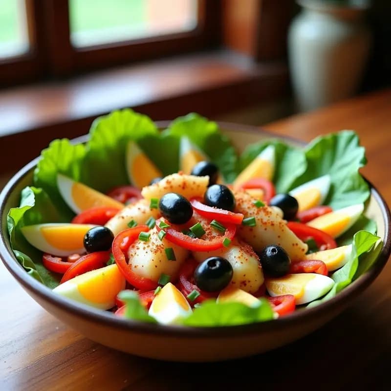 Ensalada zaragozana servida en fuente honda de barro con bacalao desmenuzado, pimientos asados rojos y verdes, aceitunas negras, cebolla morada, tomate pera, huevo duro en cuartos y lechuga romana. Aliño dorado con pimentón espolvoreado. Plato fresco y colorido típico de Aragón.