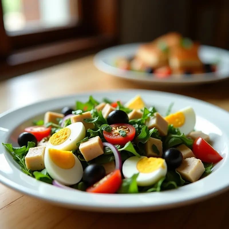 Ensalada zaragozana tradicional en plato blanco hondo: borrajas frescas troceadas, bacalao desalado en trozos, huevos duros en cuartos, tomate rojo, cebolla morada, aceitunas negras y perejil picado. Aliño brillante de aceite de oliva y vinagre de Jerez. Fondo rústico de madera clara.
