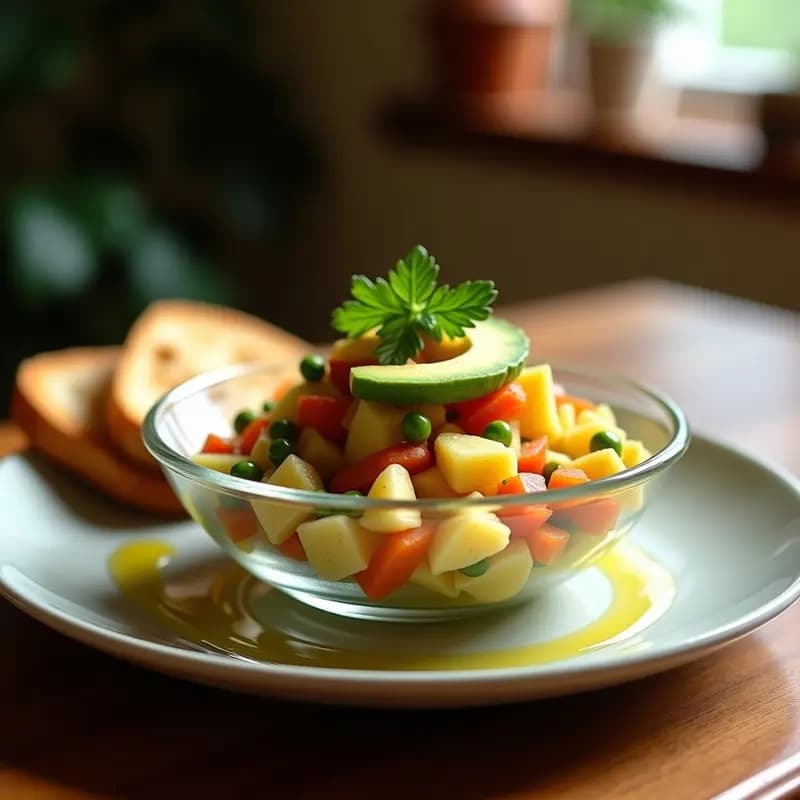 Bol de cristal transparente con ensaladilla de aguacate y ventresca, mostrando capas de patata, huevo, zanahoria, guisantes y trozos de ventresca. Aguacate en cubos verdes por encima, decorado con perejil fresco y un hilo de aceite de oliva. Fondo rústico de madera con pan tostado al lado.
