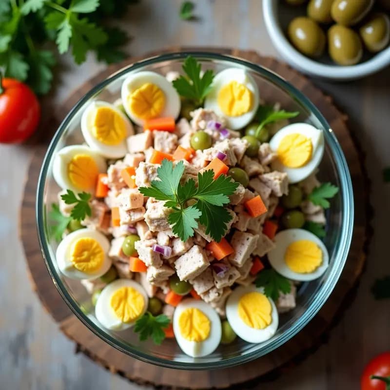 Bol de cristal transparente con ensaladilla de atún ligera, mayonesa de yogur griego, huevo picado, zanahoria rallada, pimiento verde y aceitunas, decorada con perejil fresco sobre fondo rústico de madera.