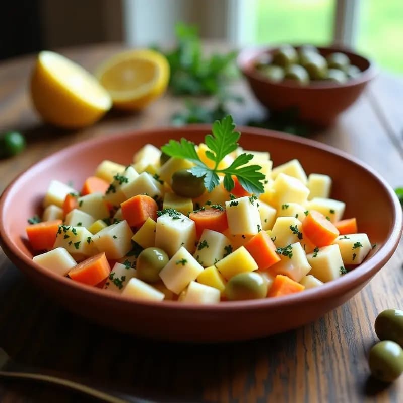 Ensaladilla de bacalao con huevos, aceitunas verdes y mayonesa casera servida en un bol de barro, decorada con perejil fresco y un hilo de aceite de oliva virgen extra. Plato frío típico español sin lácteos.
