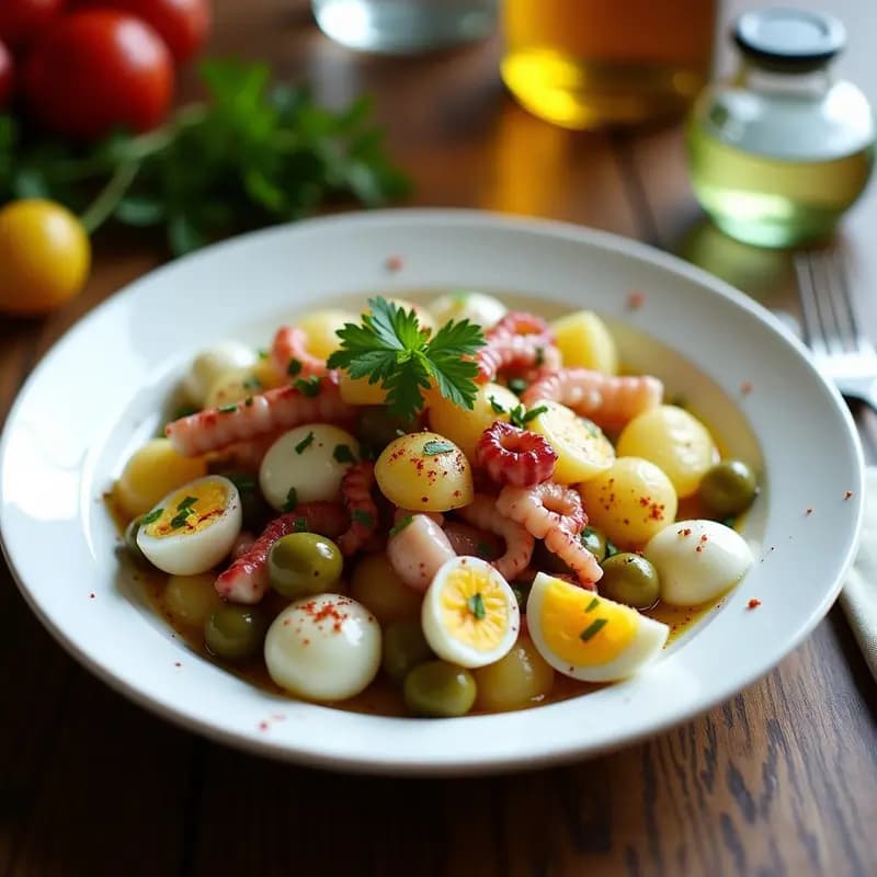 Ensaladilla gallega fresca en un bol blanco con pulpo en trozos, patata cocida en cubos, pimiento verde en dados, aceitunas negras y huevo picado, aliñada con aceite de oliva y espolvoreada con pimentón dulce.