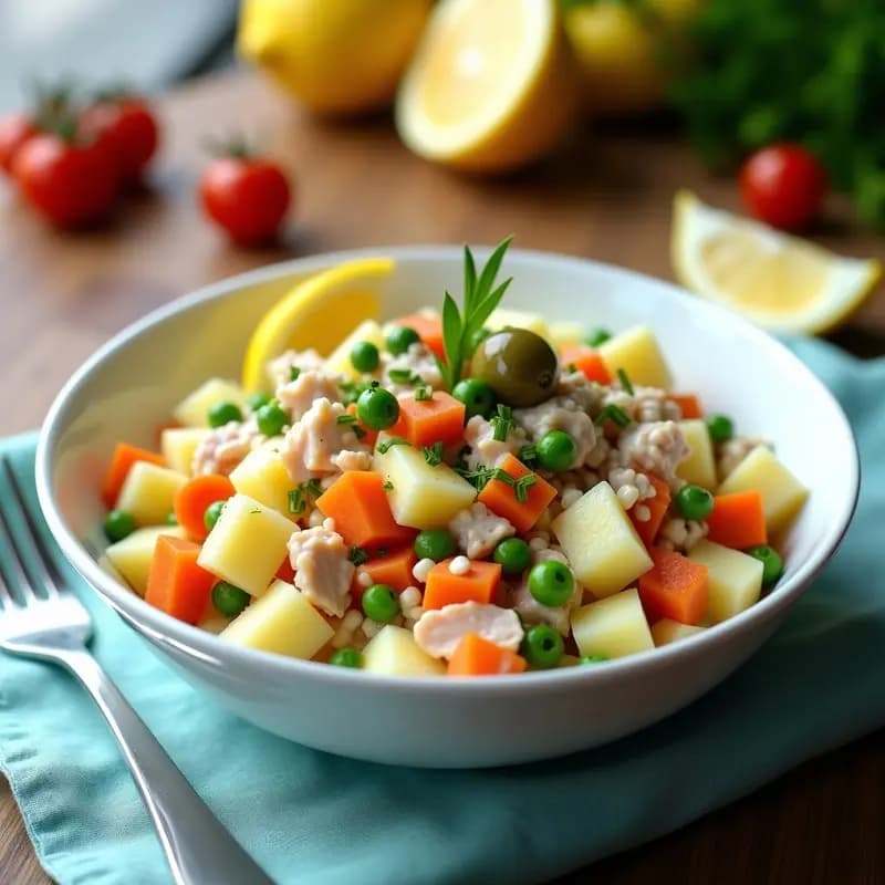 Ensaladilla Rusi fresca en un bol hondo de cerámica blanca, con patatas, zanahorias, guisantes, atún desmenuzado y huevo duro en cubos, aliñada con yogur y decorada con cebollino picado y aceitunas verdes. Plato colorido y veraniego, ideal para servir frío.