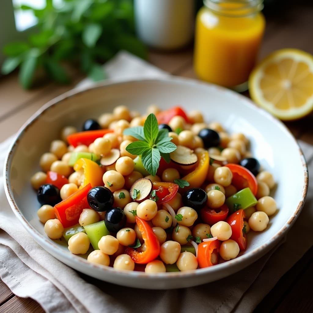 Ensaldilla fría en bol de cerámica blanca con garbanzos dorados, alcachofas en cuartos, pimientos asados rojos y amarillos, aceitunas negras y perejil fresco. Vinagreta de limón confitado brillante sobre los ingredientes. Plato ideal para tupper sin gluten.