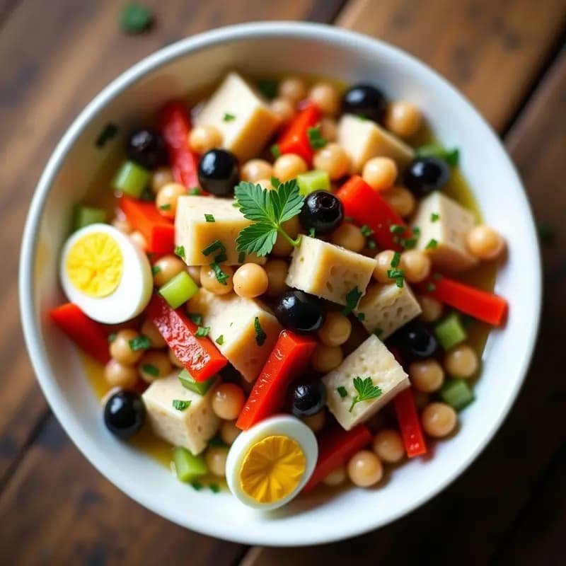 Ensalada fría en tarro de cristal con garbanzos, trozos de bacalao desalado, pimientos asados rojos y verdes, aceitunas, huevo duro y perejil fresco. Plato tradicional español en conserva, listo para llevar.