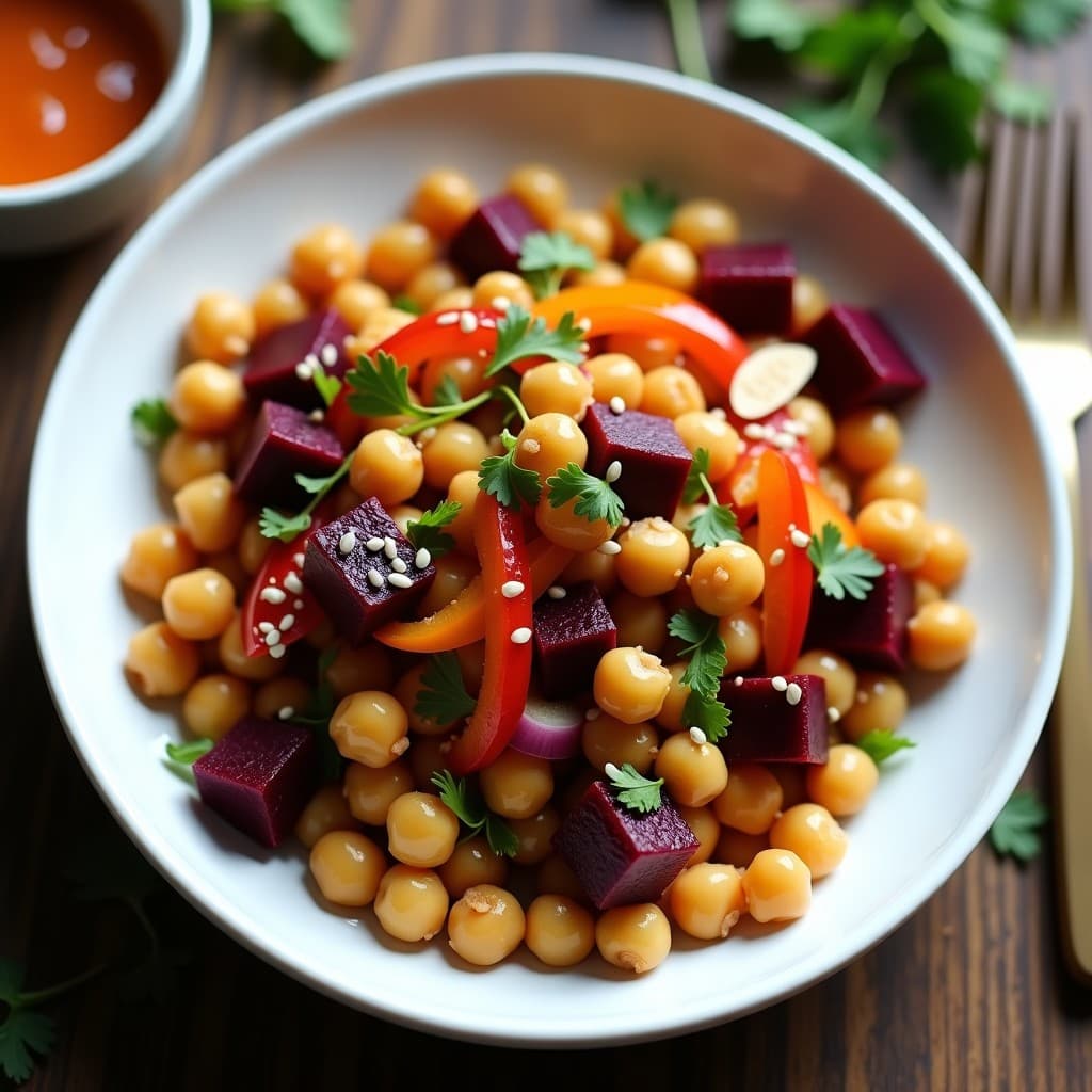 Ensalada vegana española en bol de barro: garbanzos tostados dorados, cubos de remolacha asada, cebolla morada, pimiento verde y aceitunas negras, bañados en vinagreta de naranja brillante. Decorada con almendras fileteadas, perejil fresco y semillas de sésamo, sobre fondo rústico de madera.