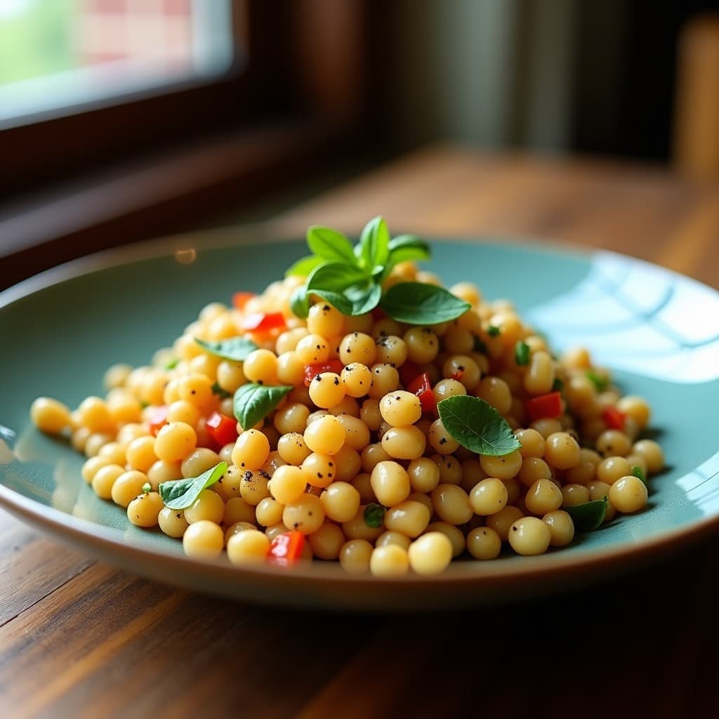 Ensalada fría en bol blanco con garbanzos dorados, algas wakame verdes, pepino, zanahoria y semillas de sésamo, bañada en aderezo de sésamo y decorada con cilantro fresco. Plato vegano y marino listo en 15 minutos.