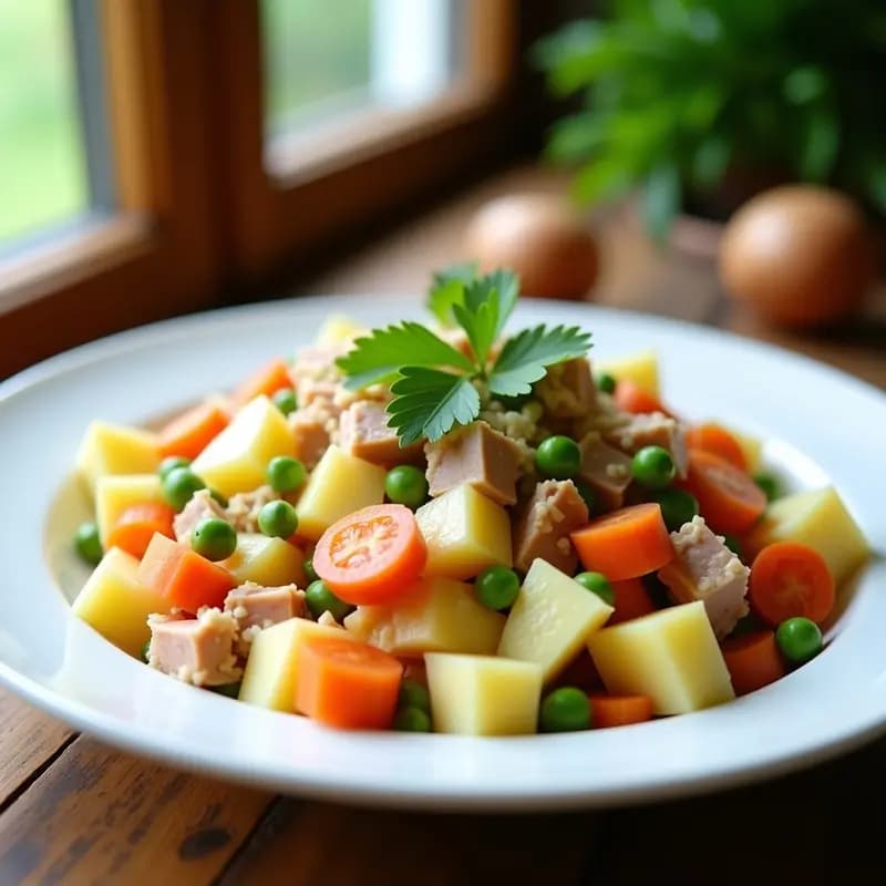 Plato hondo de cerámica blanca con ensaldilla rusa casera, mezcla colorida de patatas, zanahorias, guisantes, huevo picado y atún en trozos, bañada en mayonesa cremosa y decorada con perejil fresco, sobre fondo rústico de madera con luz natural de verano.