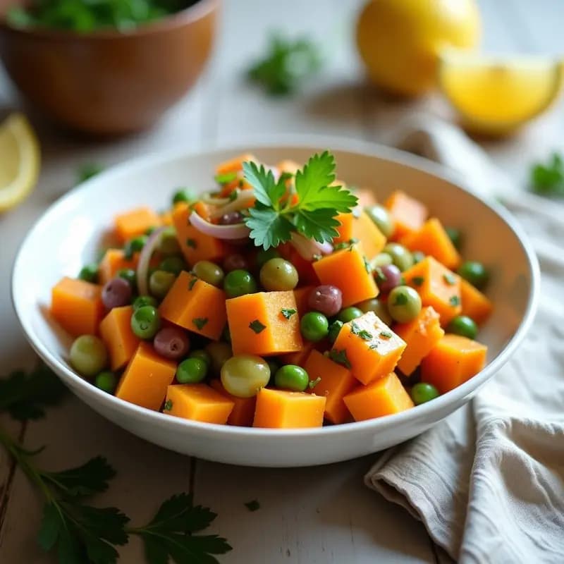 Ensaladera blanca con ensaldilla rusa vegana de batata naranja en cubos, guisantes verdes, zanahoria, apio y cebolla morada, aliñada con salsa de limón y mostaza, decorada con perejil fresco.
