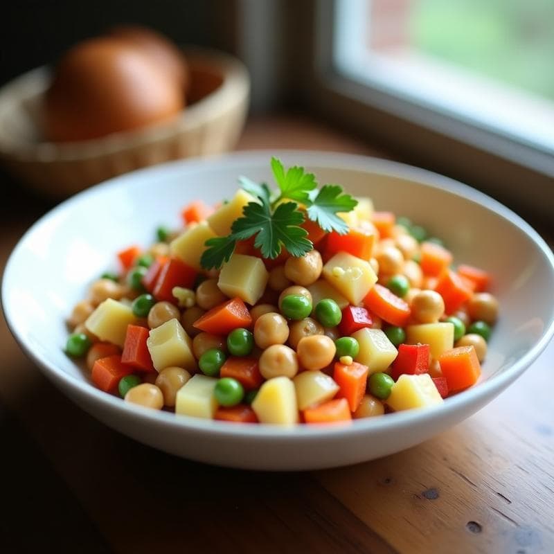 Ensaladera blanca con ensaldilla rusa vegana de garbanzos, pimiento asado rojo, patata, zanahoria y guisantes, aliñada con salsa cremosa de yogur y mostaza. Decorada con perejil fresco picado sobre fondo rústico de madera.