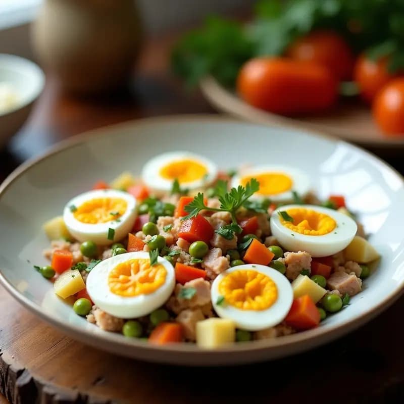 Plato hondo blanco con ensaldilla rusa clásica española, decorada con huevos de codorniz cortados por la mitad, aceitunas verdes y perejil fresco. Texturas cremosas de patata, zanahoria y mayonesa, con colores vibrantes de pimientos rojos y verdes.
