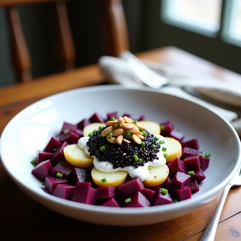Plato hondo de cerámica blanca con ensaldilla rusa fría de remolacha en cubos morados, patata, zanahoria y apio, coronada con caviar de berenjena negro brillante y decorada con rúcula baby y eneldo fresco. fondo borroso de cocina natural.