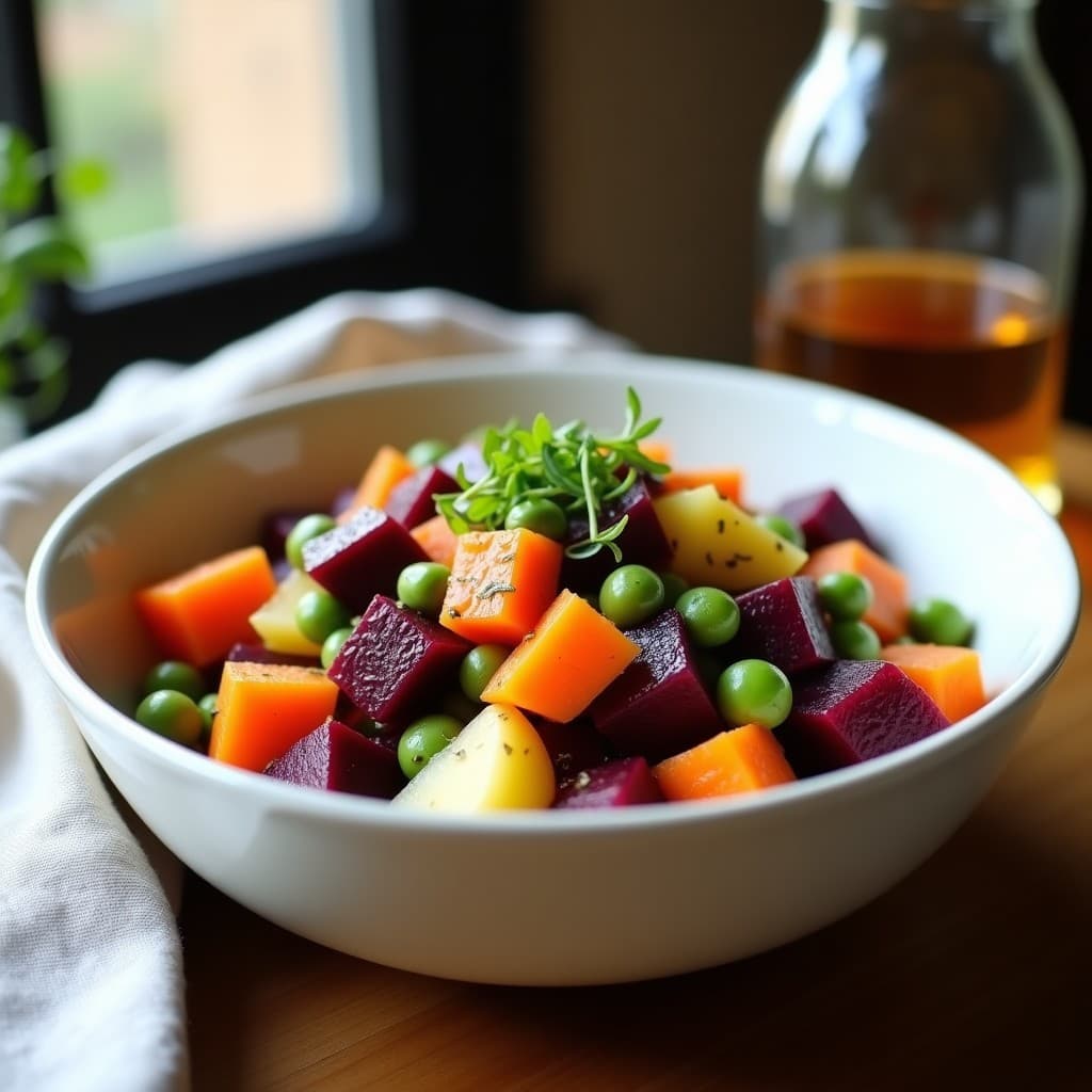 Bol de cerámica blanca con ensaldilla rusa colorida: cubos de remolacha fermentada morada, patata morada, zanahoria naranja, guisantes verdes y aceitunas, bañados en aliño de mostaza de Dijon. Decorado con cebollino fresco y copos de alga nori.