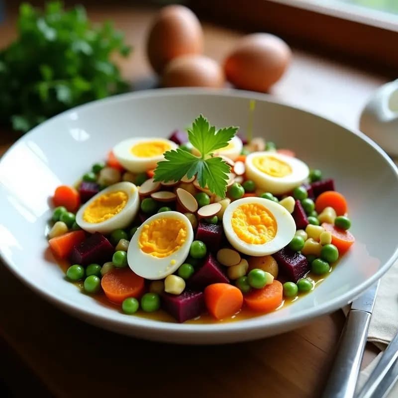 Ensaldilla rusa colorida en bol blanco con remolacha morada, huevos de codorniz cortados, aguacate en cubos, zanahoria y patata. Decorada con almendras fileteadas y perejil fresco. Receta sin gluten y alta en proteína.