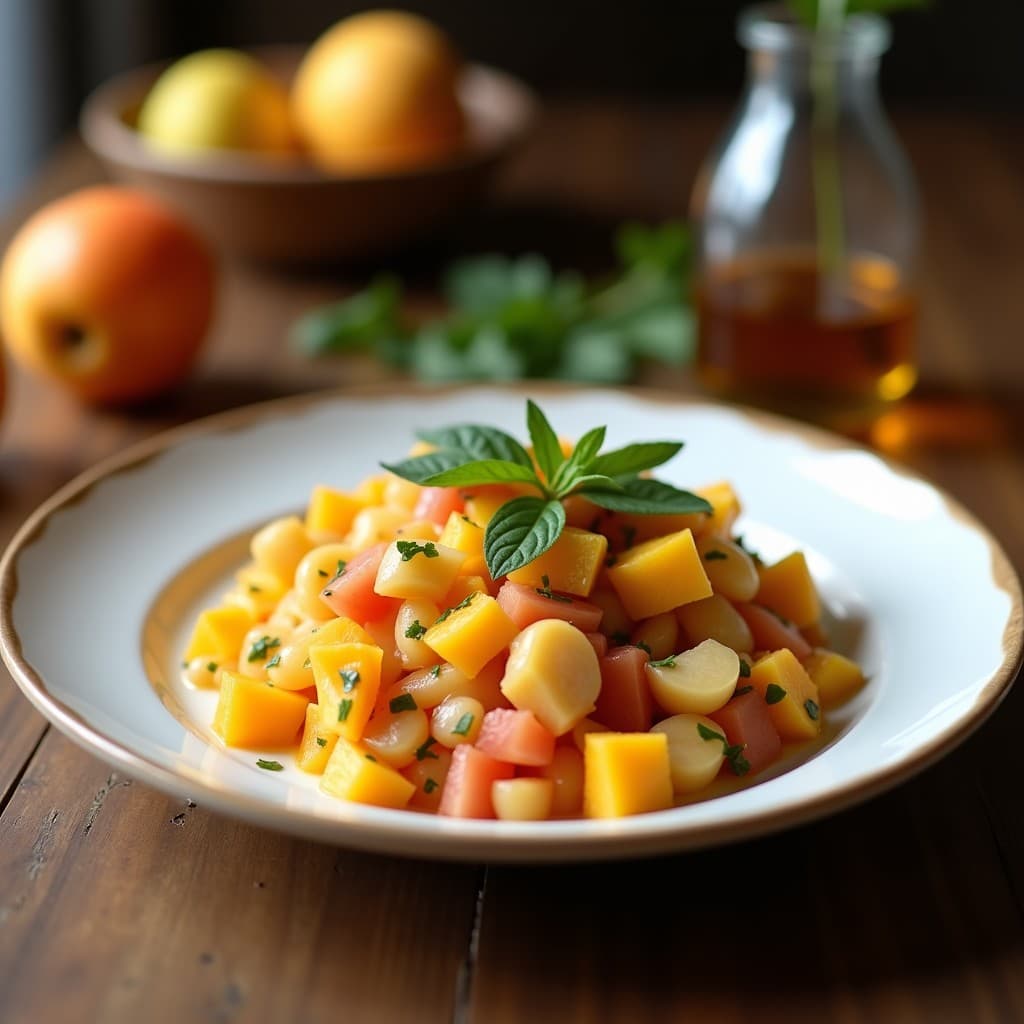 Bol de cerámica blanca con ensaldilla rusa vegana de remolacha y manzana verde, aliño dorado de mostaza y miel, decorada con almendras tostadas y eneldo fresco. Fondos de ingredientes crudos sobre tabla de madera.