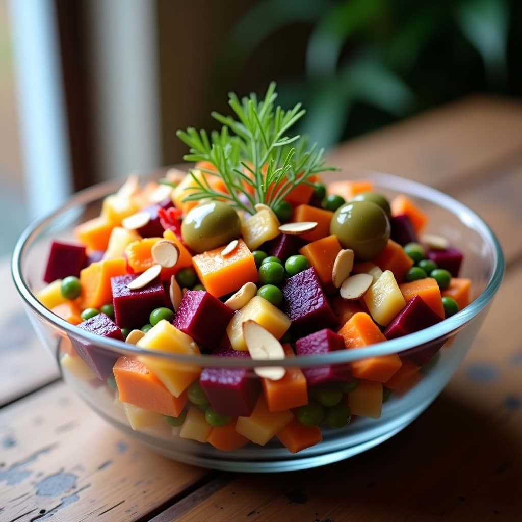 Ensaladera de cristal con ensaldilla rusa vegana de remolacha asada, patata morada, zanahoria, guisantes, pimiento rojo y cebolla morada, bañada en aliño de mostaza. Decorada con almendras fileteadas y eneldo fresco sobre fondo rústico de madera.