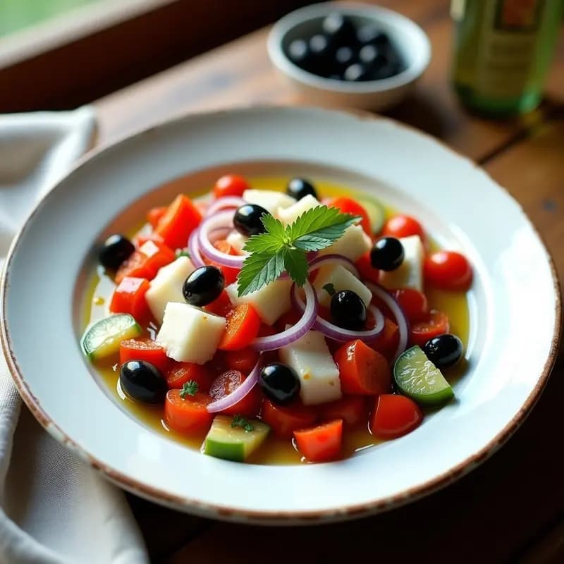 Plato blanco rústico con ensalaílla de bacalao desmenuzado, pimientos asados rojos y verdes en tiras, cebolla morada en juliana, aceitunas negras y perejil fresco, aliñada con aceite de oliva, servida fría como entrante catalán de vigilia.