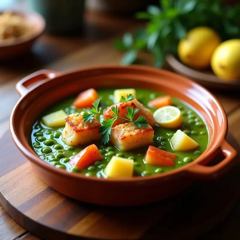 Cazuela de barro humeante con ensopado de langosta en salsa verde, patatas en cubos y guisantes, decorado con perejil fresco y rodajas de limón. Plato tradicional español servido en mesa rústica de madera.