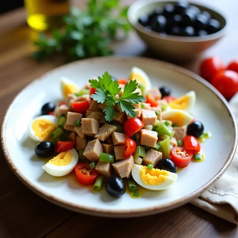 Ensalada fría de ensorradilla valenciana en bol de cerámica blanca, con atún desmenuzado, huevo picado, pimientos rojos y verdes, aceitunas negras y apio, decorada con perejil fresco.
