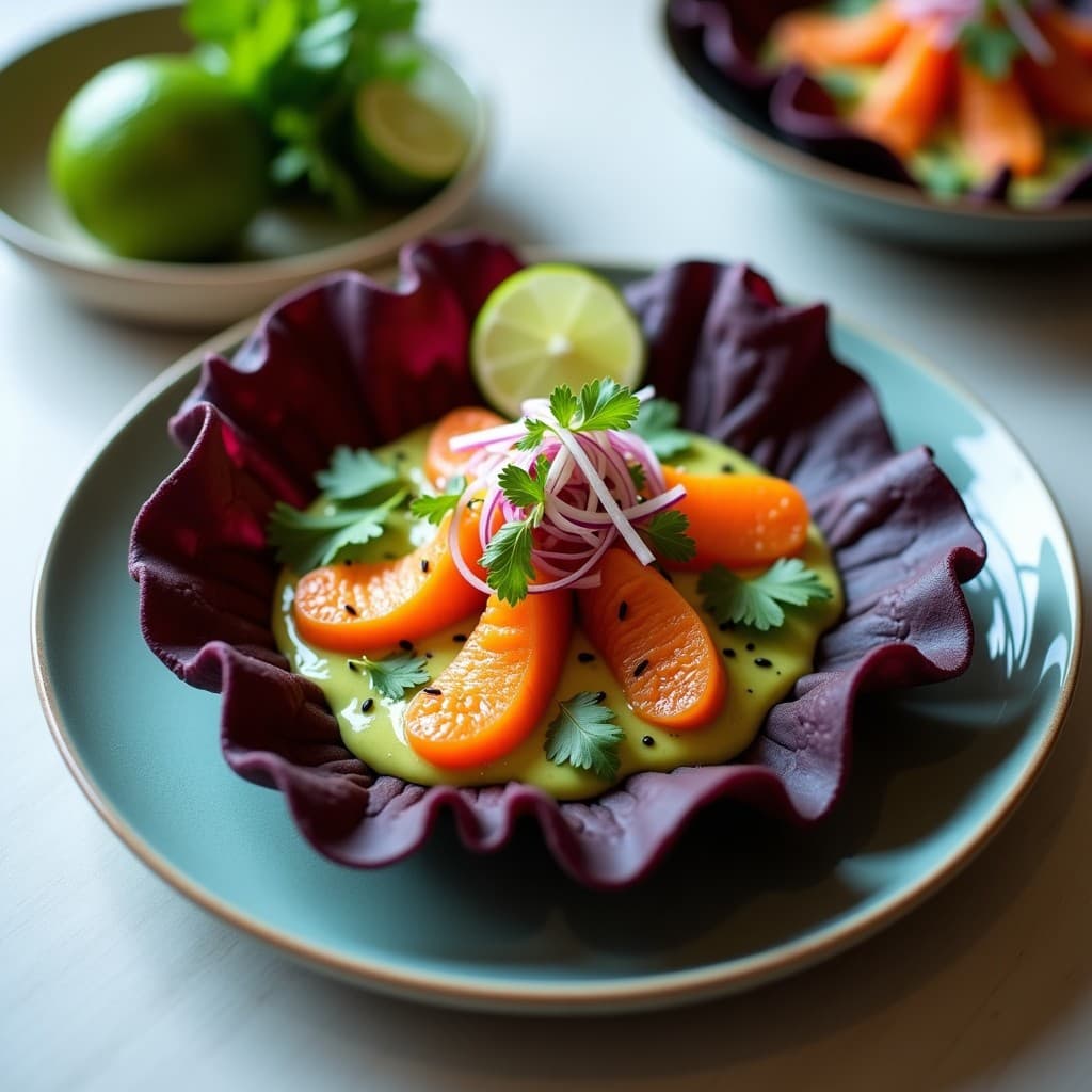 Plato elegante con ceviche de erizo de mar en salsa cremosa de aguacate y lima, servido sobre hojas de lechuga morada, decorado con cebolla morada en juliana, cilantro fresco y semillas de sésamo tostado. La presentación es fresca y colorida, con rodajas de lima al lado.