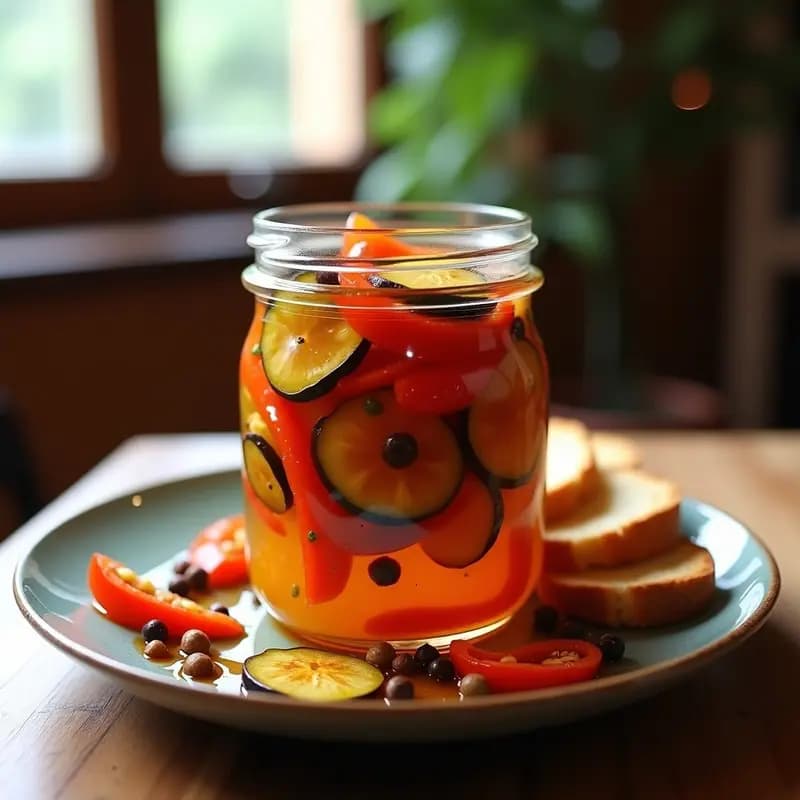 Frasco de vidrio transparente lleno de escabeche de berenjena y pimiento murciano, con rodajas de berenjena dorada, tiras de pimiento rojo y verde, y cebolla marinada en un líquido ámbar. Al fondo, hojas de laurel y granos de pimienta visibles. Plato rústico de madera con pan tostado al lado.