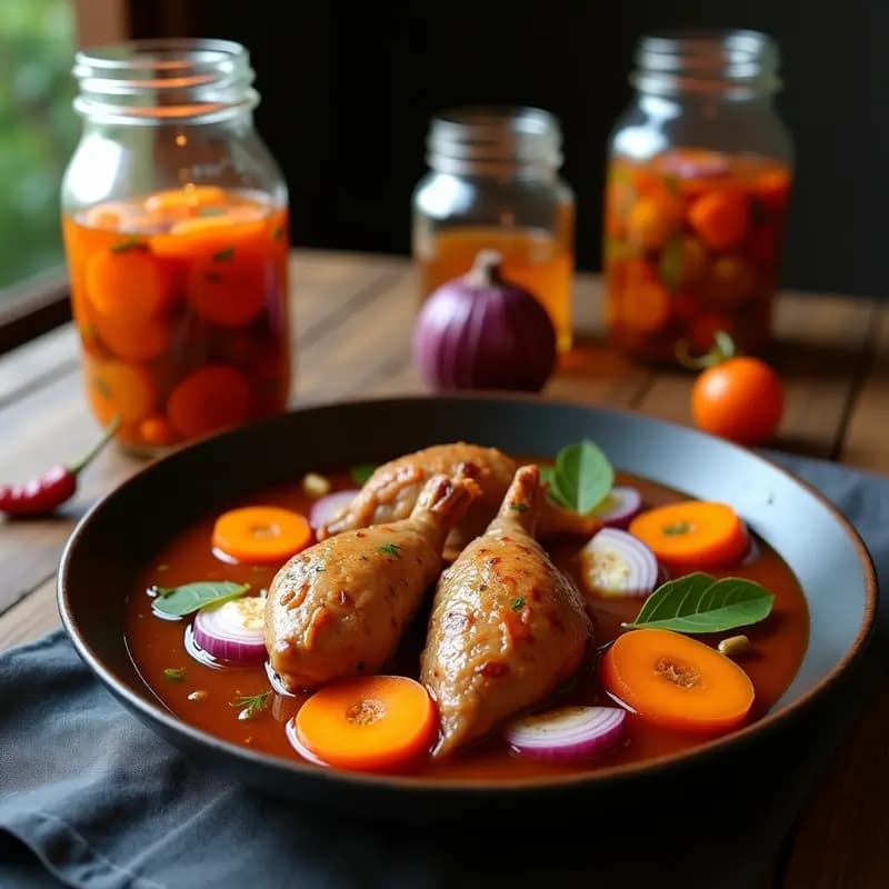 Tarros de vidrio transparente llenos de trozos de conejo en escabeche con pimentón de la Vera, bañados en aceite de oliva y vinagre, acompañados de zanahorias, cebolla morada y especias. Plato tradicional extremeño para conservar.
