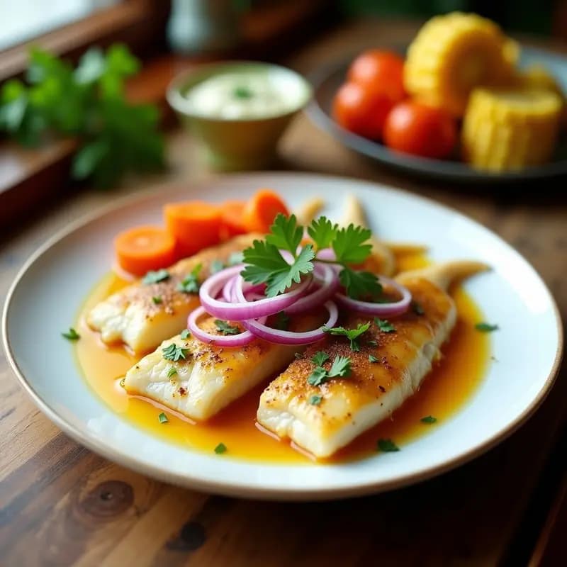 Plato blanco con escabeche de pescado en vinagre, filetes de corvina marinados en ají amarillo y cebolla morada en juliana, acompañados de rodajas de jojoto y zanahoria blanqueadas, decorado con cilantro fresco.