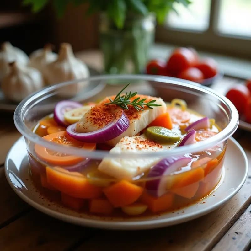 Tupper de vidrio transparente con filetes de merluza en escabeche de ajo y pimentón, bañados en aceite de oliva dorado con especias visibles, acompañados de rodajas de zanahoria y cebolla morada. Receta española tradicional para llevar.