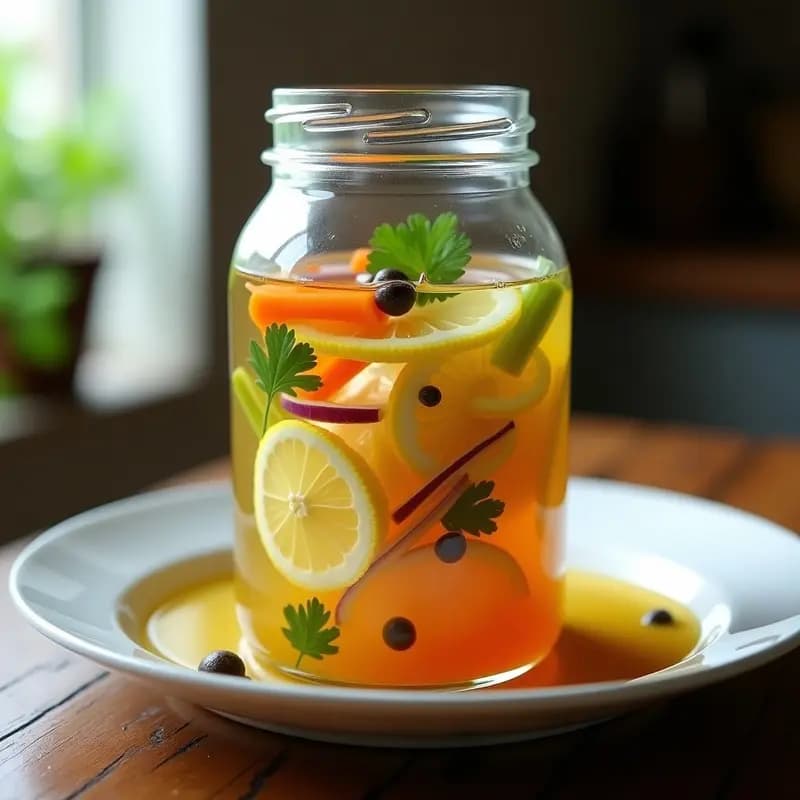 Frasco de vidrio transparente lleno de escabeche de pescado blanco con limón y especias, mostrando filetes de merluza marinados en un líquido dorado con rodajas de cebolla morada, zanahoria y apio. Decorado con perejil fresco y rodajas de limón, sobre un fondo rústico de madera.