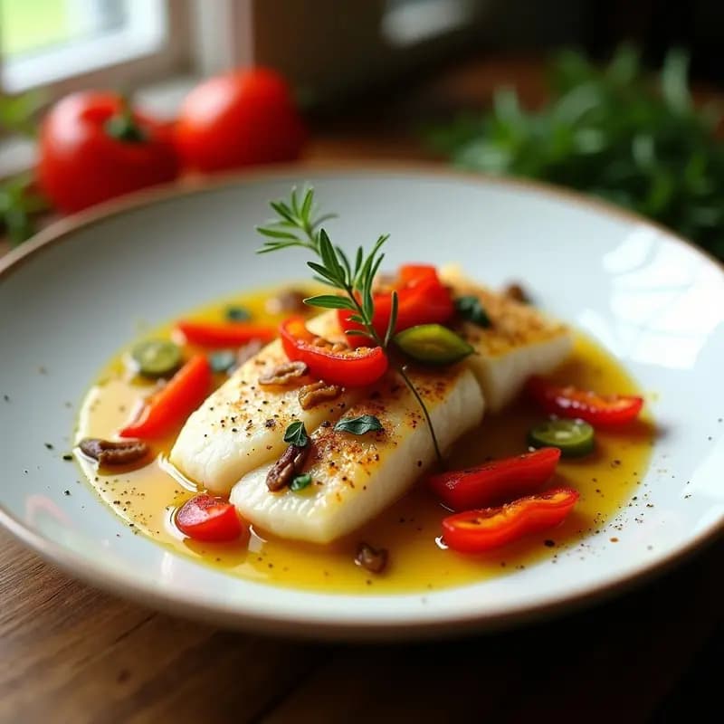 Plato de cerámica blanca con filetes de merluza en escabeche de vinagre de Jerez, cubiertos de tiras de pimientos rojos y verdes asados, hojas de laurel y ramitas de tomillo. Fondo rústico con pan tostado y aceitunas negras.