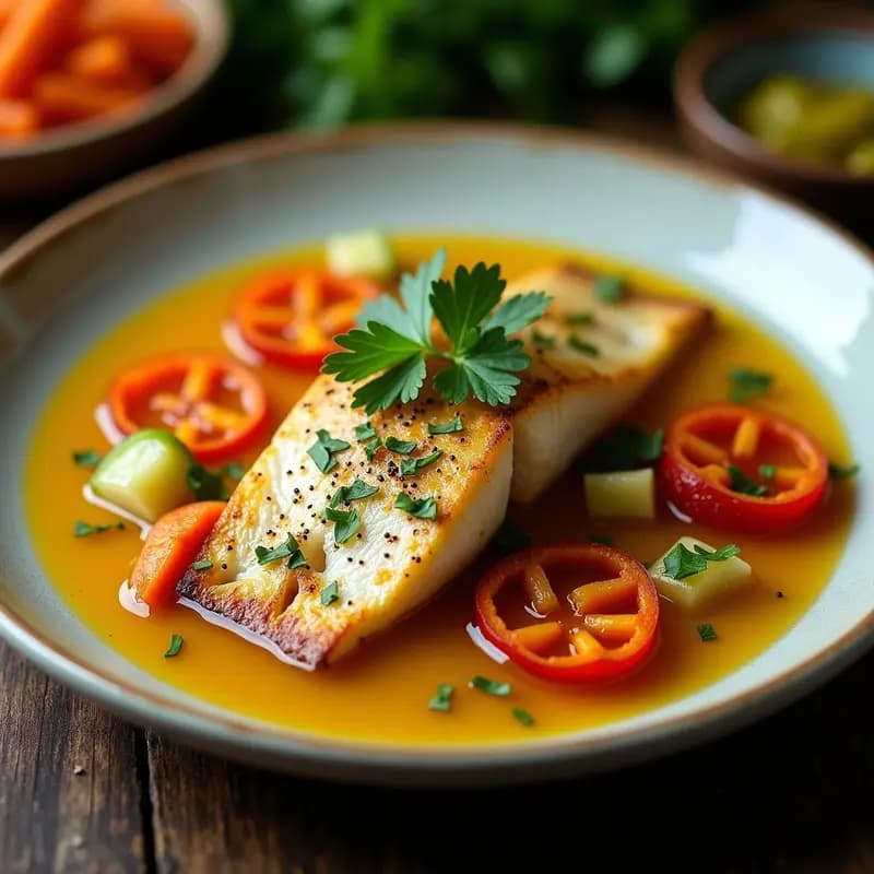 Plato de escabeche de pescado blanco con verduras en vinagreta, filetes de merluza dorados bañados en una vinagreta amarilla de ají, acompañados de pimiento rojo asado, zanahoria en juliana, apio y cebolla morada, decorado con cilantro fresco sobre fondo rústico de madera.