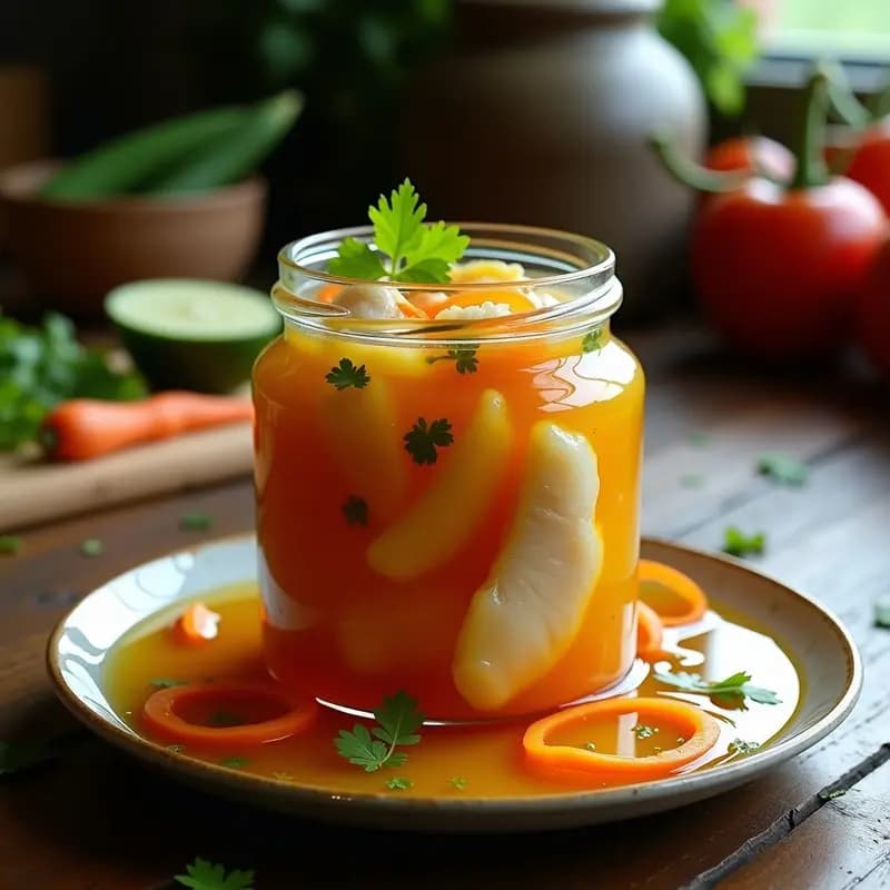 Frasco de vidrio transparente con filetes de corvina en escabeche, bañados en vinagreta dorada con ají amarillo y cebolla roja en juliana. Acompañado de rodajas de zanahoria y hojas de cilantro fresco sobre una mesa de madera rústica.