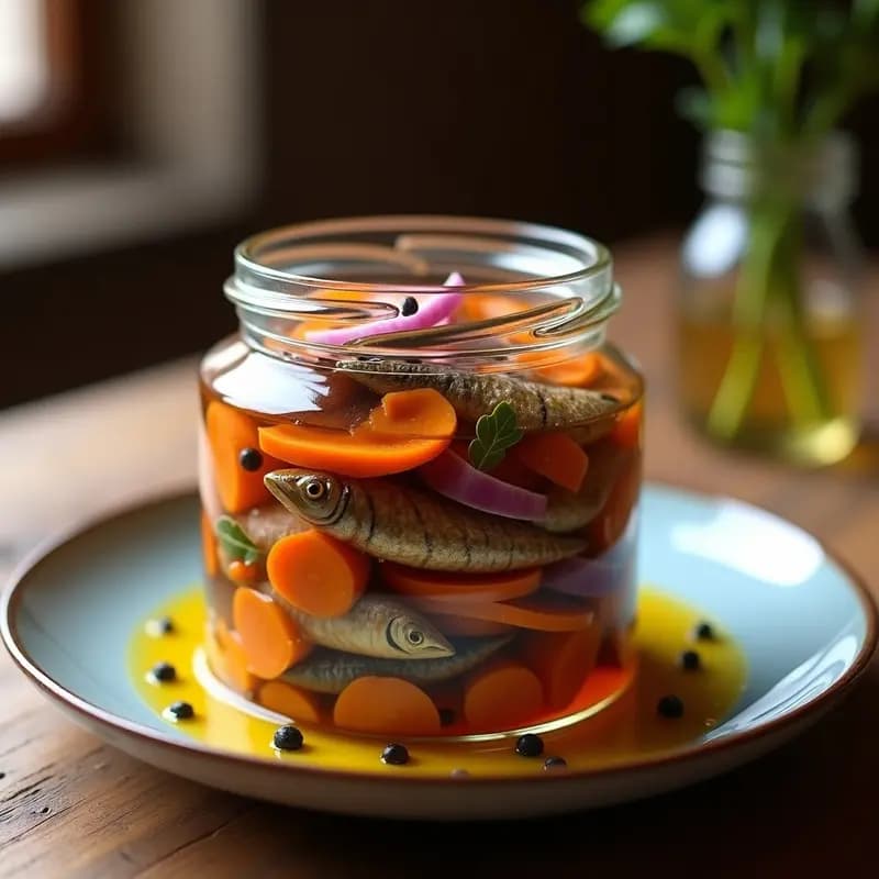 Tarro de cristal transparente lleno de escabeche de sardinas en aceite de oliva, con rodajas de zanahoria, cebolla morada y especias visibles, sobre una mesa de madera rústica con un fondo borroso de cocina tradicional española.