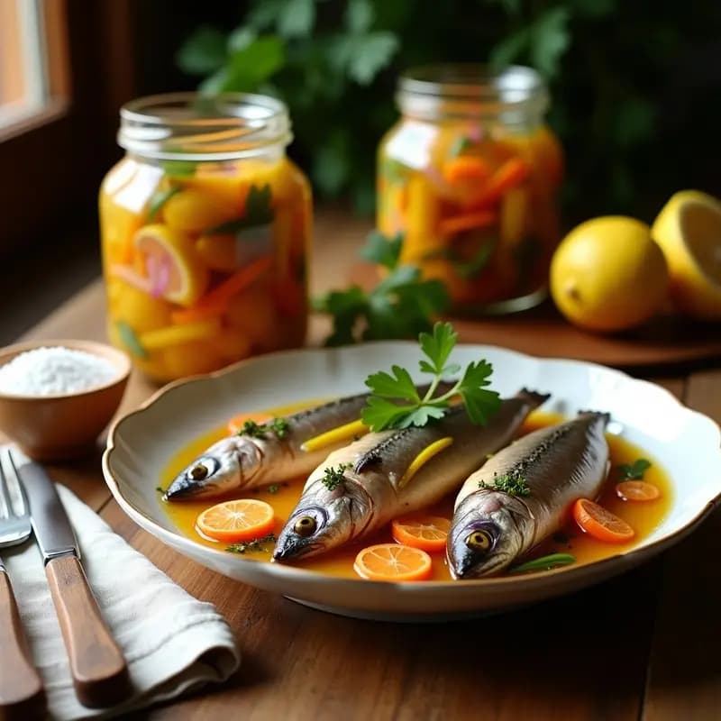 Tarros de cristal transparente llenos de sardinas en escabeche casero, con capas de cebolla morada, zanahoria y pimiento verde bañados en aceite de oliva y vinagre, sobre una mesa de madera rústica con hierbas frescas y limones al lado.