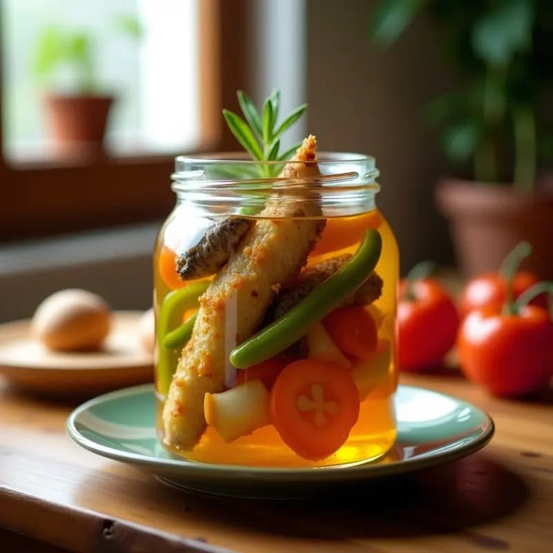 Tarro de cristal transparente lleno de escabeche de sardinas con trozos de pimiento verde, cebolla y zanahoria en rodajas, bañados en aceite de oliva y vinagre, sobre una mesa rústica de madera con un fondo de cocina tradicional española.